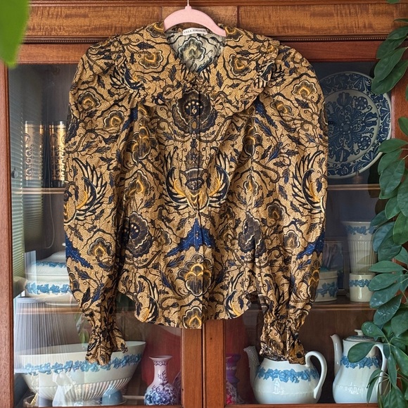 Ulla Johnson Tops - Ulla Johnson Gold and Navy Floral Jacquard Button Up Blouse (Sz 2)